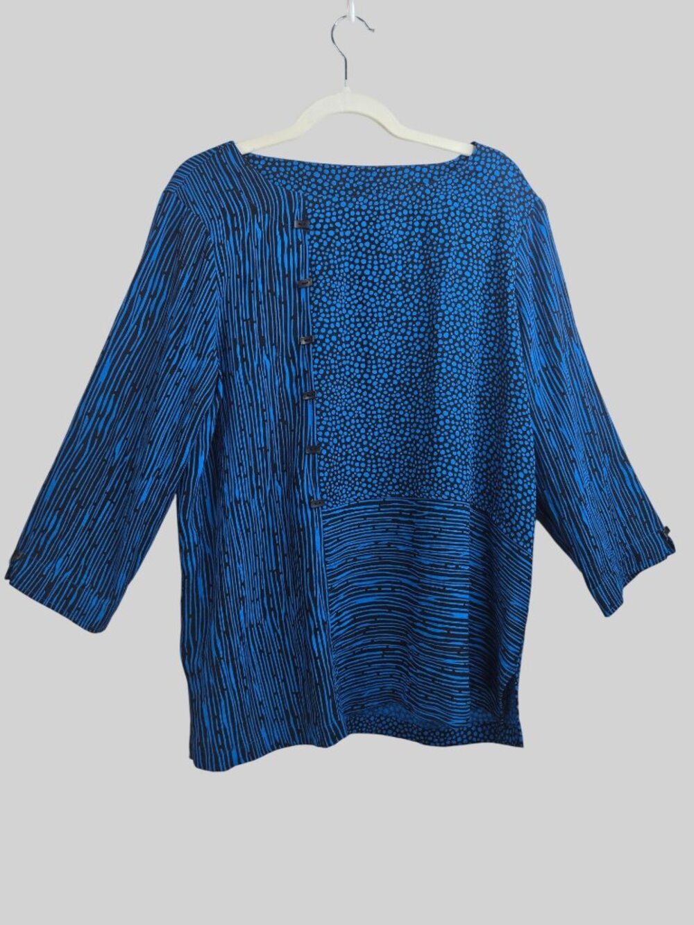 Ali Miles Tunic Blouse L Royal Blue Mix Print Artsy Lagen Button Relaxed Top